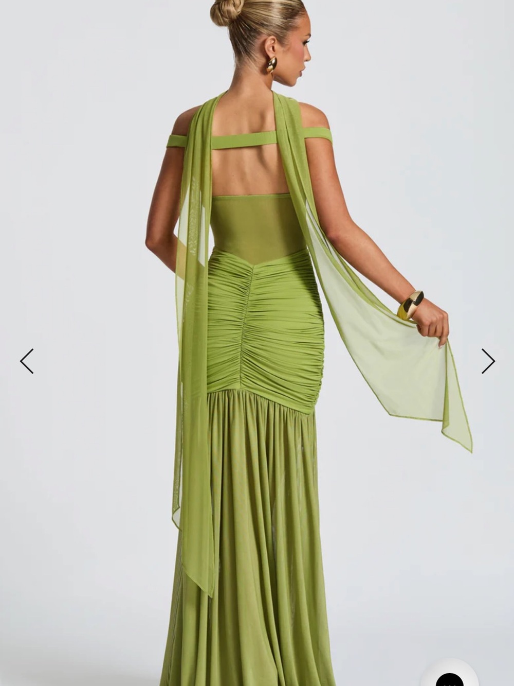 Off-Shoulder Olive Green Ruched Maxi Dress with High Slit - Picture 3 of 5